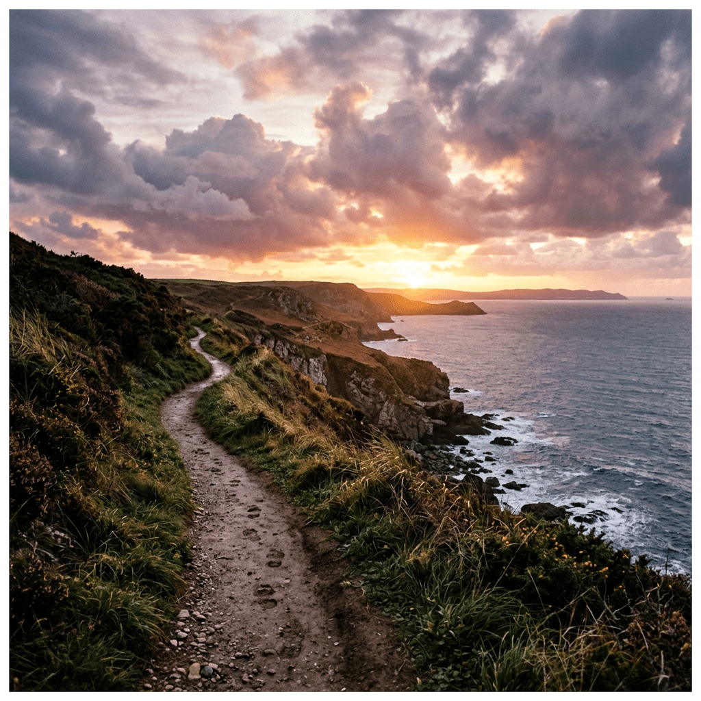 Winding dirt path on a grassy cliffside overlooking the ocean at sunset with cloudy sky