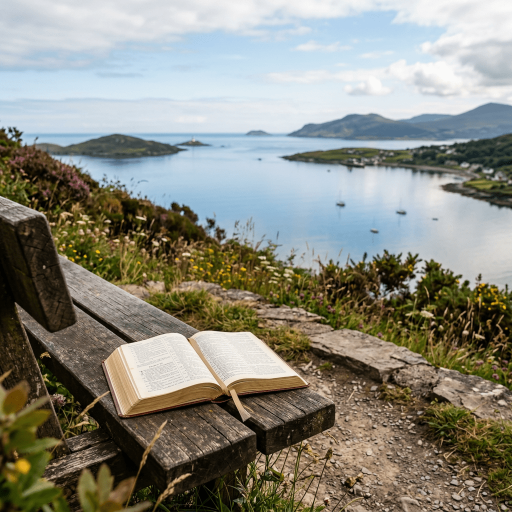 Open book on wooden bench overlooking calm bay with islands and boats