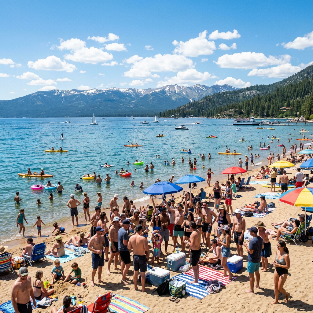 Crowded beach with people swimming, kayaking, and relaxing by a lake with mountains