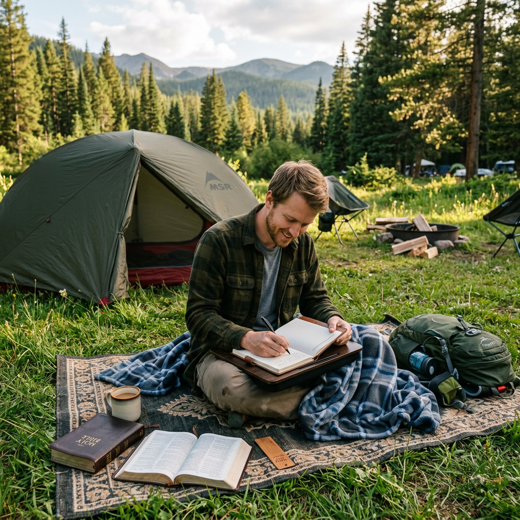 Man sitting on a blanket outdoors at a campsite writing in a journal with an open Bible and a cup of coffee nearby