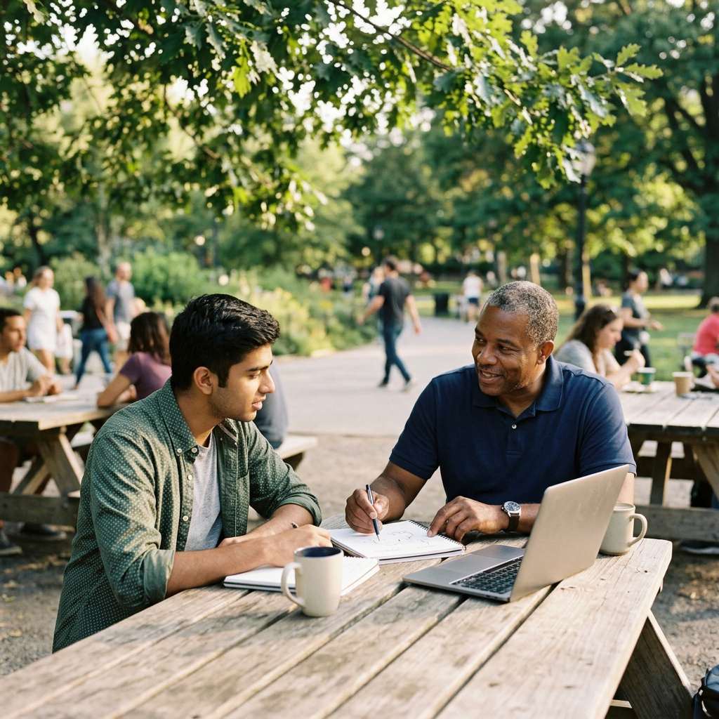 Two men sitting at a wooden picnic table outdoors working on notes with a laptop