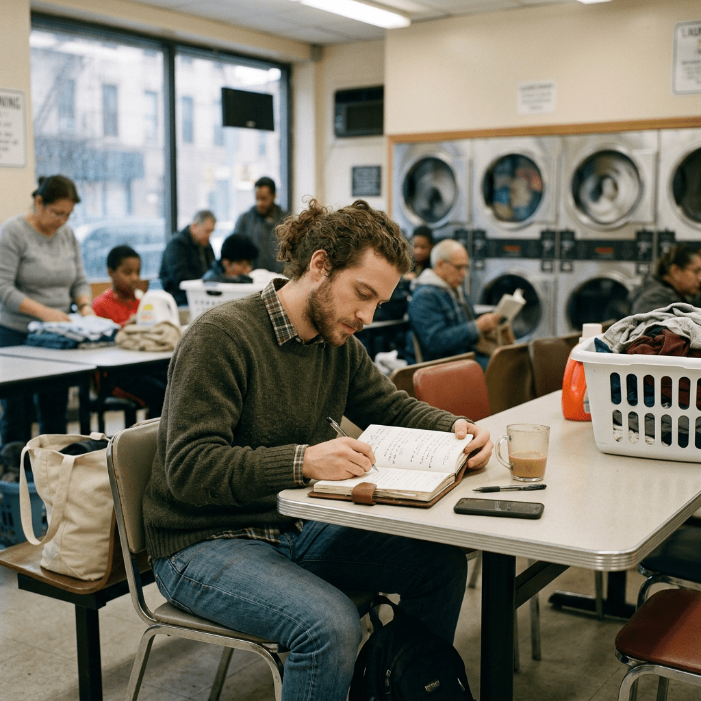 Man sitting at table writing in notebook inside laundromat with washing machines and people in background