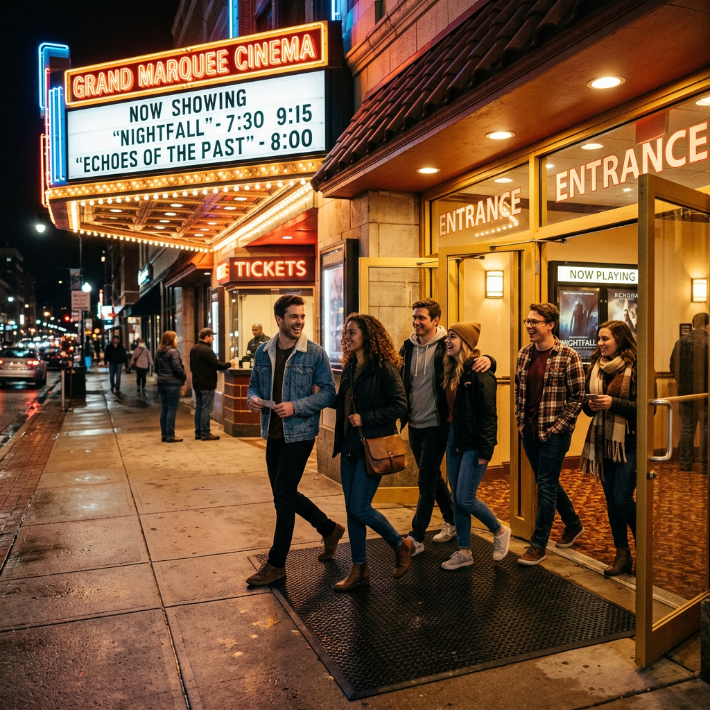 Group entering movie theater at night